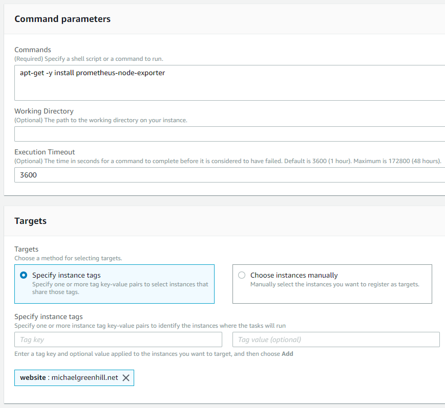 A screenshot of the AWS Systems Manager run command screen. A screenshot of the AWS Systems Manager run command screen.