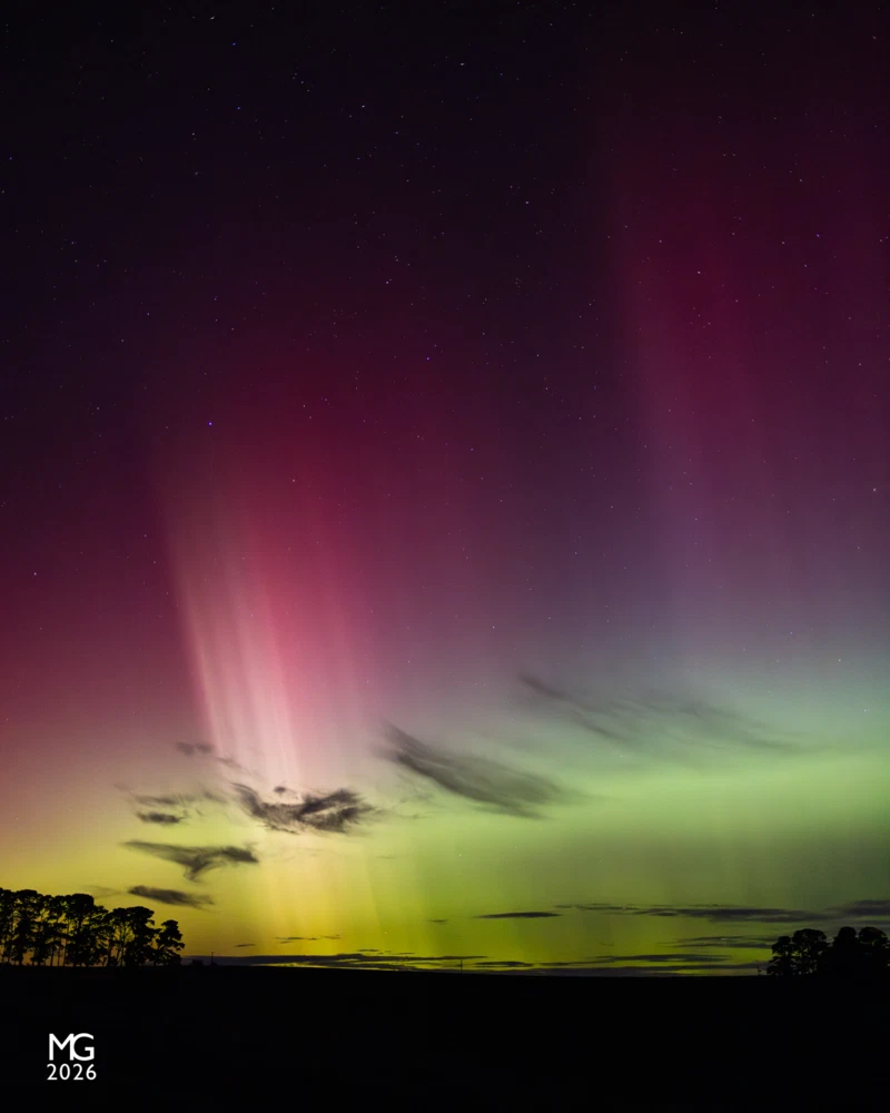 Columnal A kaleidoscope of colours lights up the sky above Gembrook during the most intense solar storm to hit Earth in 20 years.