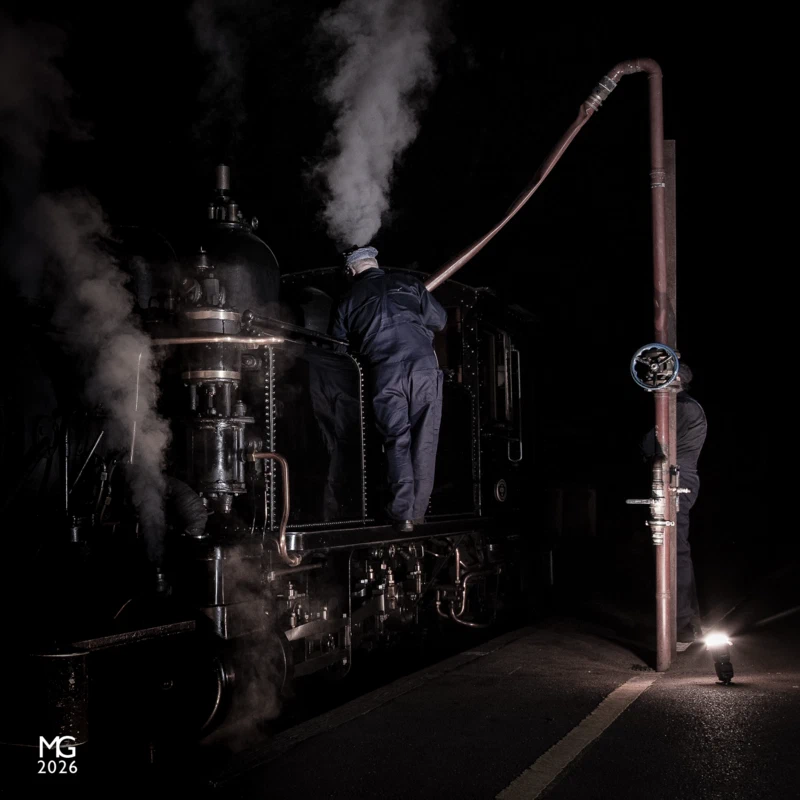 Ending The crew of 8A refill the water tanks at Lakeside station amidst a pitch black autumn night, after another dinner train for Nobelius Siding. With COVID-19 impacting both the profitability of the railway and the freedom to operate such trains, this was the penultimate dinner train prior to PBR temporarily ceasing operations.