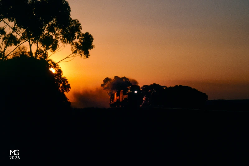 Berrybank Sunset The setting sun marks the end of steam in western Victoria as 3801 and 3830 make a spirited run through Berrybank back to Melbourne, hauling only their water gins and support vehicle.What should have been a daylight run east with the silver Southern Aurora carriage set in tow was turned into disarray when G519 derailed at Dimboola in the early hours of the morning, blocking the 38s in at the turntable. While the 38s waited for the G to be rerailed and moved out of the way, the remainder of the train was hauled back to Melbourne by 4201 and 44211.Faced with the choice of following diesels back to Melbourne or waiting around for the 38s, we opted to wait: while the delay cost us potential photos as the light faded, it was balanced out by the knowledge we were unlikely to see steam in this part of the country for a while.