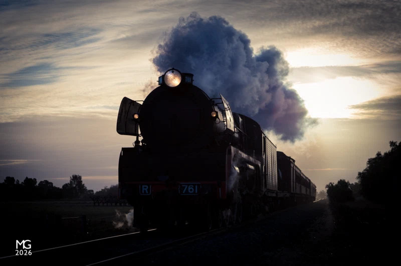 Casting shadows On the outskirts of Kyabram in northern Victoria, R761 glides along golden rails, with the winter sunset as a backdrop. R761 and its train are captured returning from Echuca via Toolamba, with Steamrail's Echuca Explorer train. The Toolamba-Echuca section is rarely used by passengers, as most Echuca trains run via Bendigo.