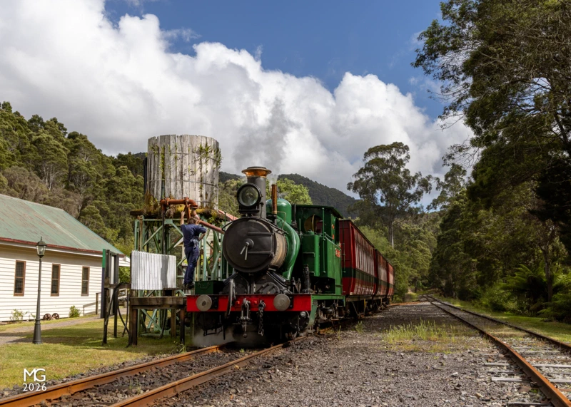 Lynchford After arriving from Queenstown, Abt locomotive No. 1 takes water at Lynchford before progressing onwards to Rinadeena and Dubbil Barril.
