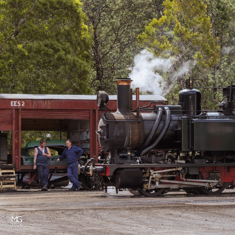 On Shed Engineers at WCWR's workshops in Queenstown take a moment in the sun as Abt No. 3 gently simmers away.