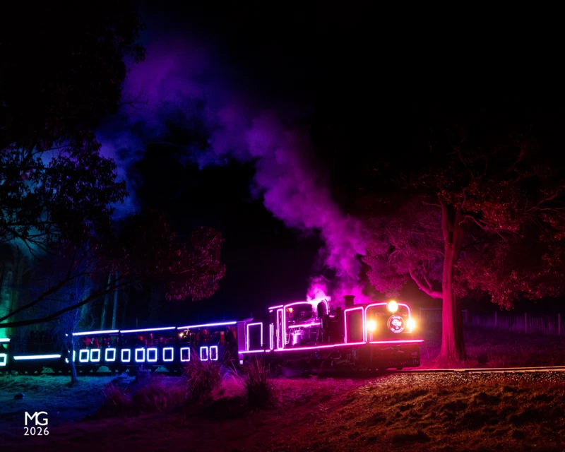 Lighting up the forest The lighting pattern on Puffing Billy Railway's "Train of Lights" cycles through its most impressive sequence at Fielder as NG/G16 no. 129 powers uphill towards Gembrook.