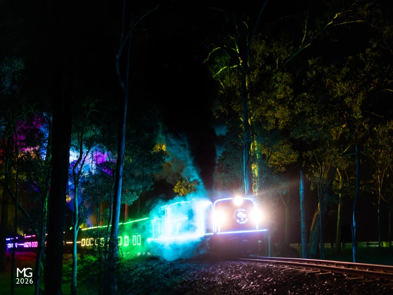 Big smoke, bright lights Puffing Billy's "Train of Lights" special makes a colourful exit from Fielder station as it climbs onwards to Gembrook.The Train of Lights specials, now in their second year of operation, run during the winter school holidays between Lakeside and Gembrook. The train is equipped with custom-made LED lights and projectors that cycle through a programme of colour sequences, with lights and patterns projected upwards into the forest canopy. Hauled by an ex. South African Railways garratt-type steam locomotive, the train both looks and sounds spectacular and draws crowds at every roadside location.