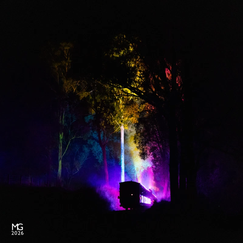 Trailing shot The final "Train of Lights" trip for 2023 climbs uphill past Fielder station en route to Gembrook.