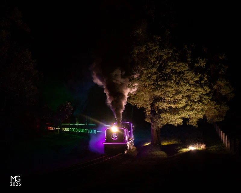 Lighting the landscape Cracking on with the winter school holidays, Puffing Billy Railway finally launched their "Train of Lights" service from Lakeside through to Gembrook. NG/G16 no. 129 shows off the specially-adapted lighting rigs attached to both the locomotive and the carriages as it roars uphill through Fielder, with a pop of off-camera flash fill to lighten the scene.