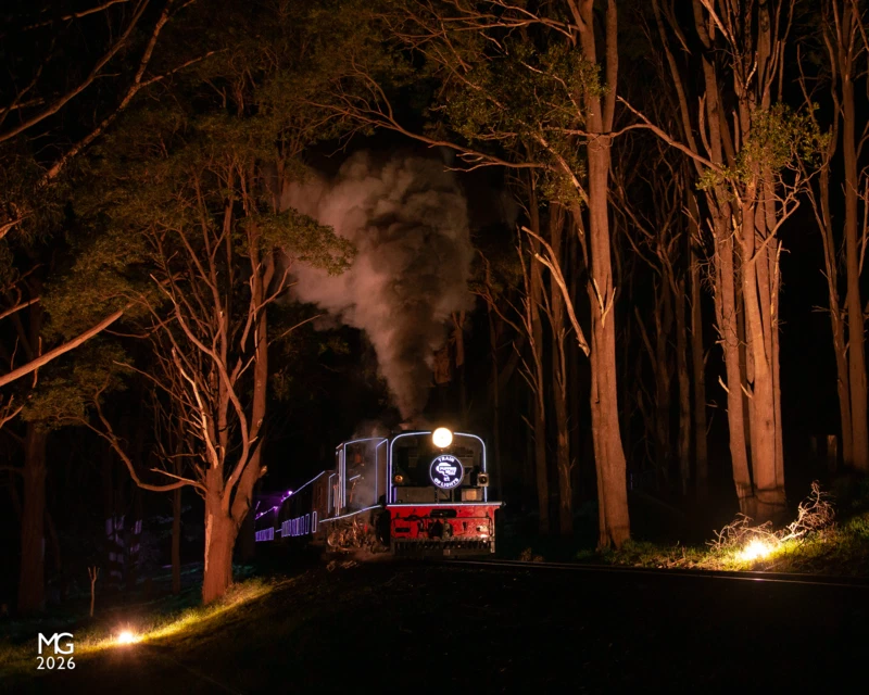 Framed at Fielder Captured about half-way up the long drag from Cockatoo to Gembrook, NG/G16 129's exhaust erupts towards the tree canopy as it hauls a "Train of Lights" special from Lakeside.