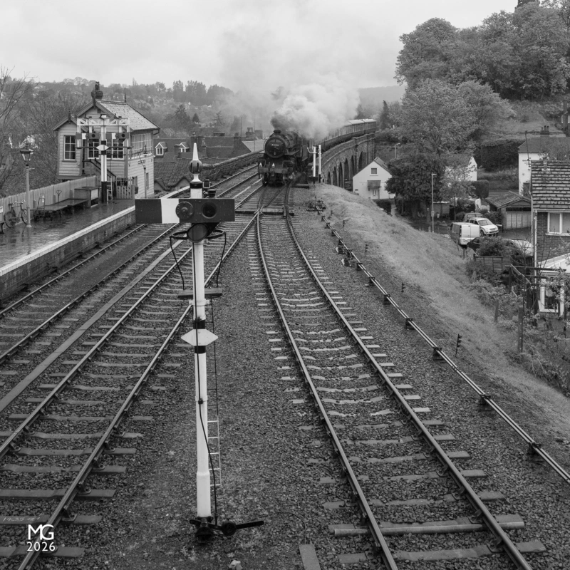 Arrival at Bewdley Ex-LMS no. 43106 arrives at Bewdley station on a grim April morning in 2018 with a train from Bridgnorth to Kidderminster.